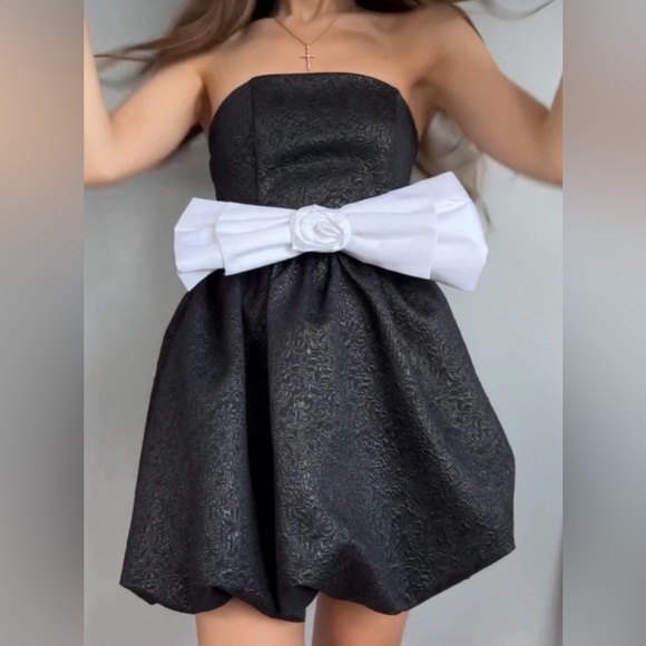 Zara Black Jacquard Dress With Contrast Bow Party Cocktail Night Out Mini - Picture 10 of 11